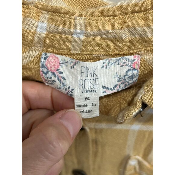Pink Rose Vintage Plaid Medium Button Down Shirt Mustard Yellow Cropped - Picture 5 of 11